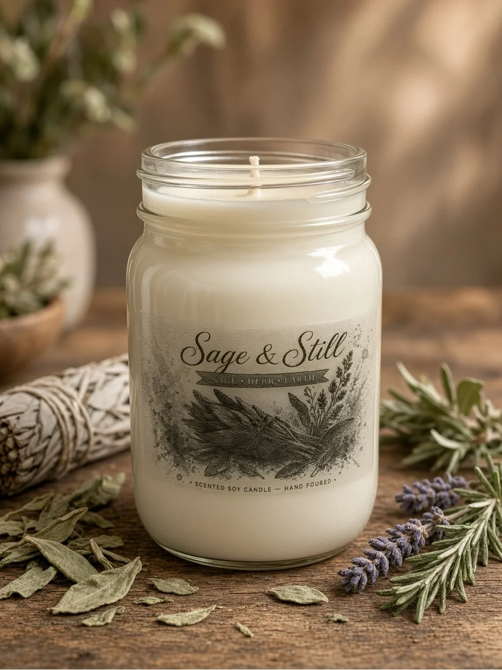 16oz Sage & Still Soy Candle | Mason Jar | White Sage Herb Earth